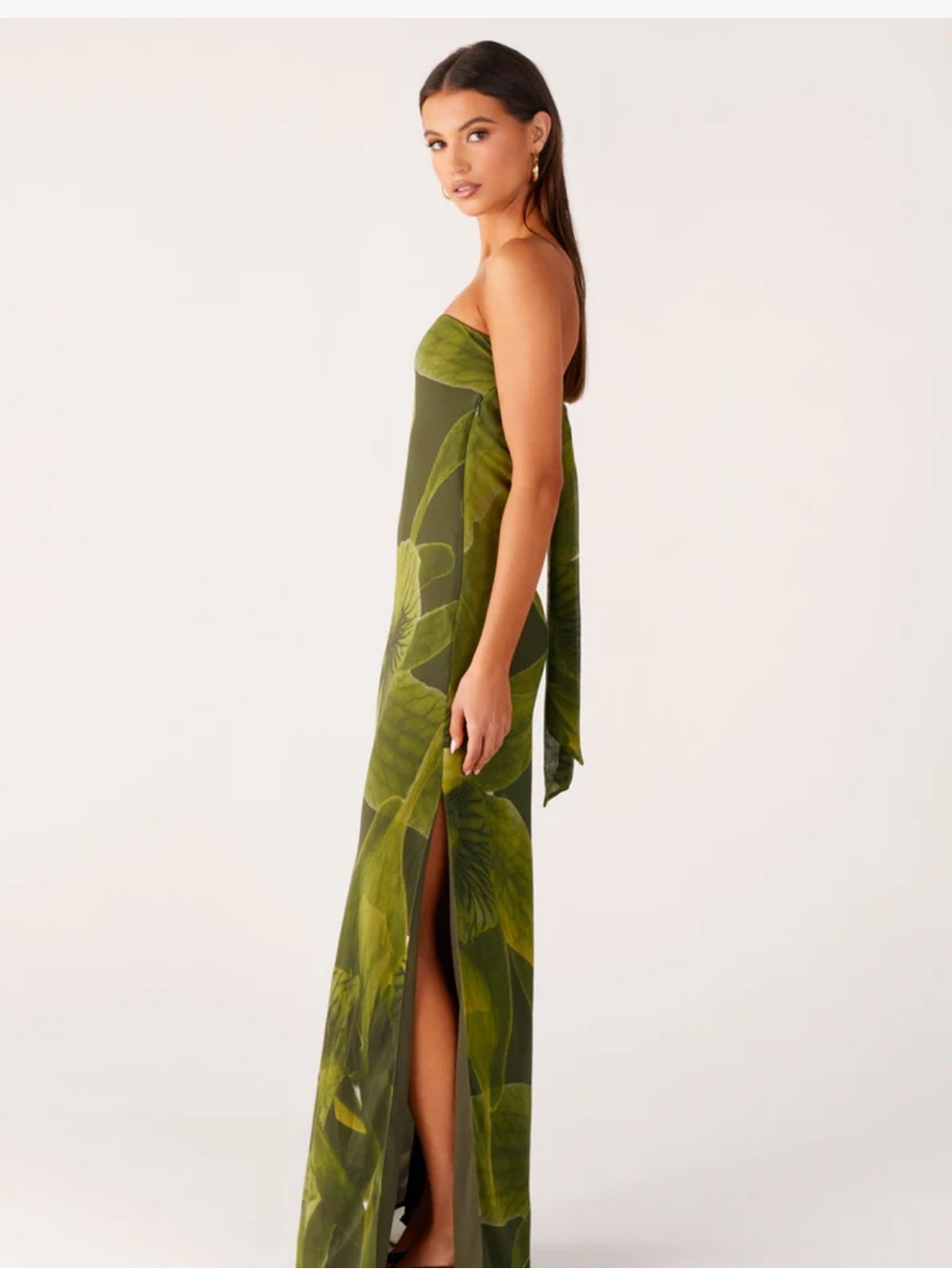 Peppermayo Olive Green Floral Tropical Leaves Strapless Nettle Maxi Dress - Picture 5 of 13
